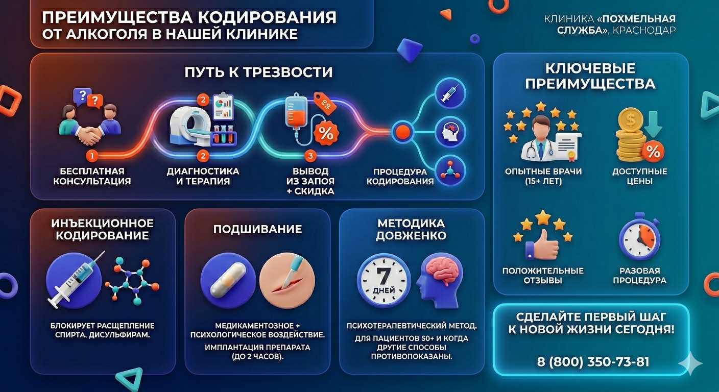 Инфографика о методах кодирования от алкоголя в Сурхахи: инъекции, подшивание, метод Довженко. Преимущества клиники и этапы лечения.